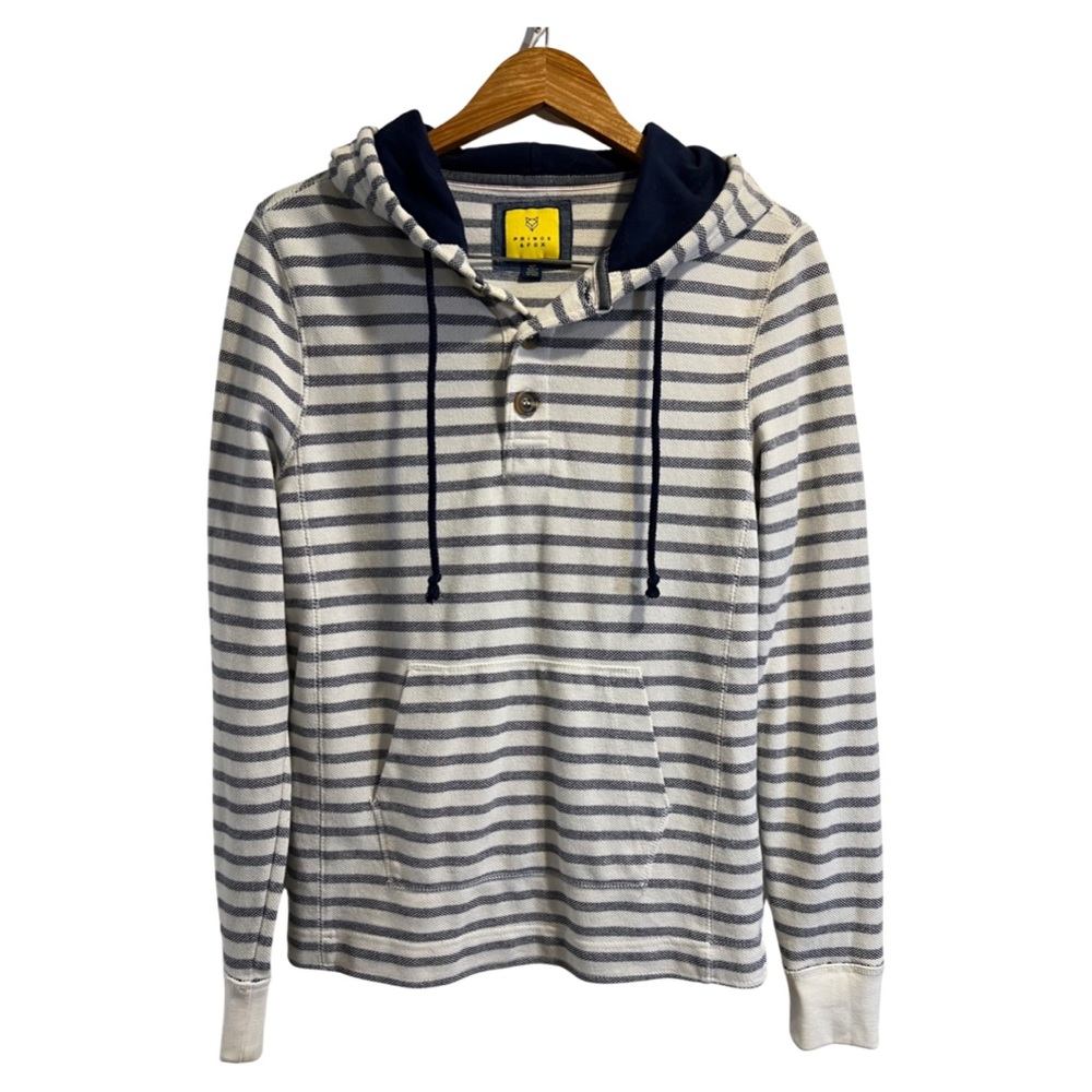 Prince & Fox Cotton Slub Pullover Kangaroo Hoodie in Navy/White Stripe S
